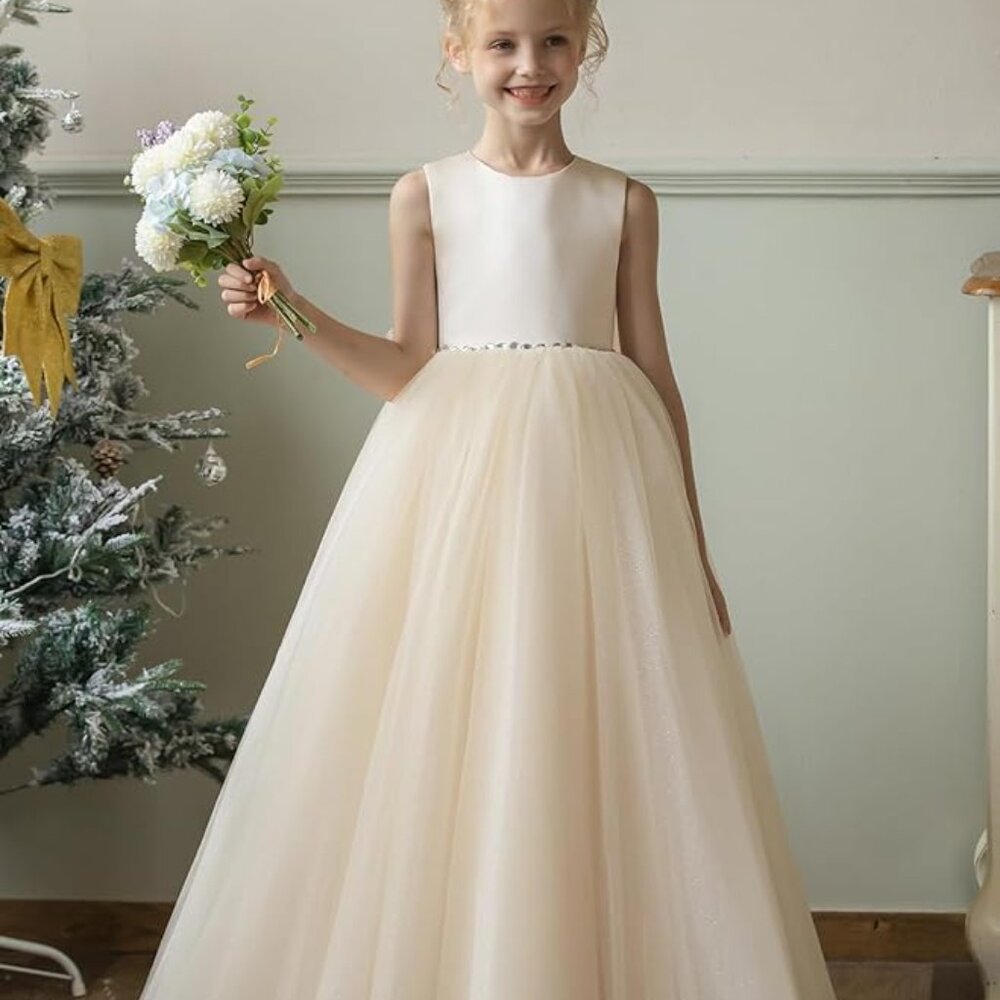 Girls Sleeveless Formal Princess Pageant Flower Girl Gown Satin/Tulle IVORY Sz 8